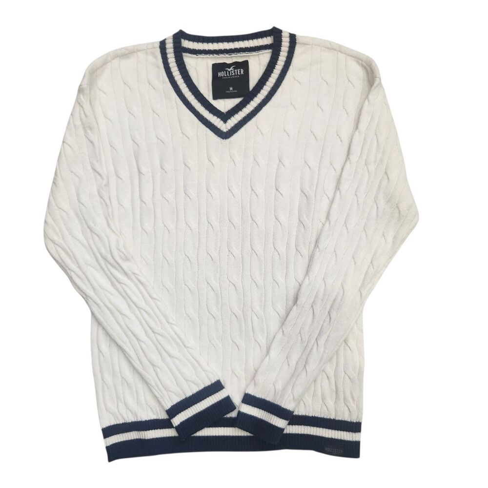 Hollister Tenniscore Preppy Cable Knit Cricket Sweater M Ivory V Neck Varsity - Picture 2 of 7